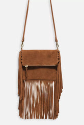 COGNAC ITALIAN SUEDE FOLDOVER FRINGE CROSSBODY