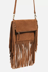 COGNAC ITALIAN SUEDE FOLDOVER FRINGE CROSSBODY