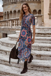MESH ELBOW SLEEVE ASYMMETRIC HEM DRESS