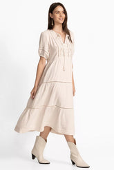PUFF SLEEVE TIE NECK MIDI DRESS
