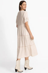 PUFF SLEEVE TIE NECK MIDI DRESS