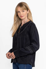 PLEATED BUTTON DOWN TOP WITH SHIRRING
