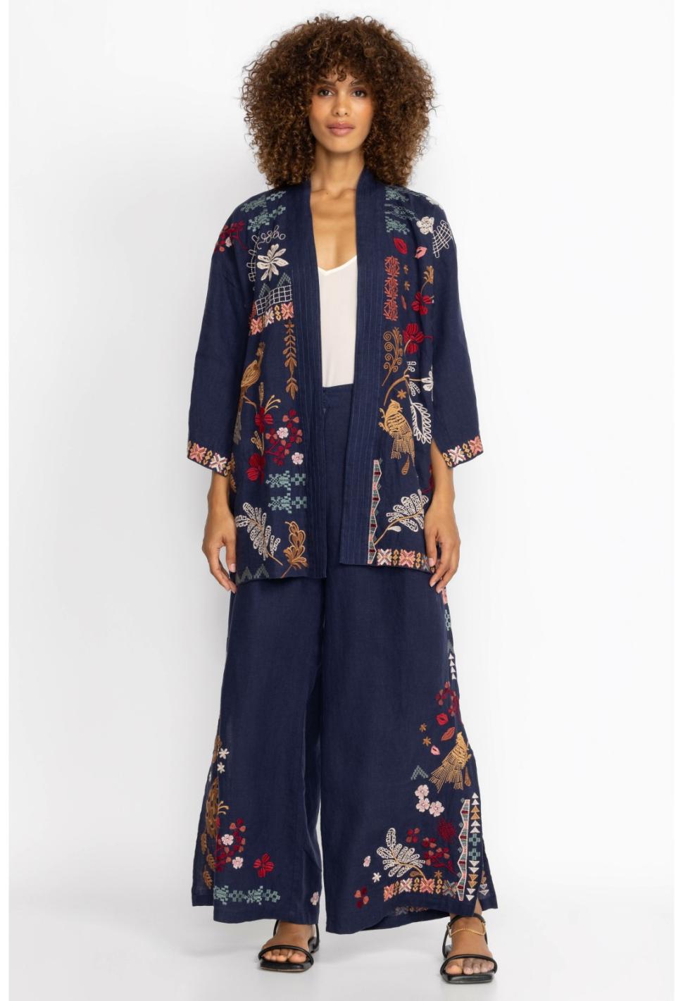 Women Bottoms | Johnny Was Zuzu High Slit Linen Pant Ink