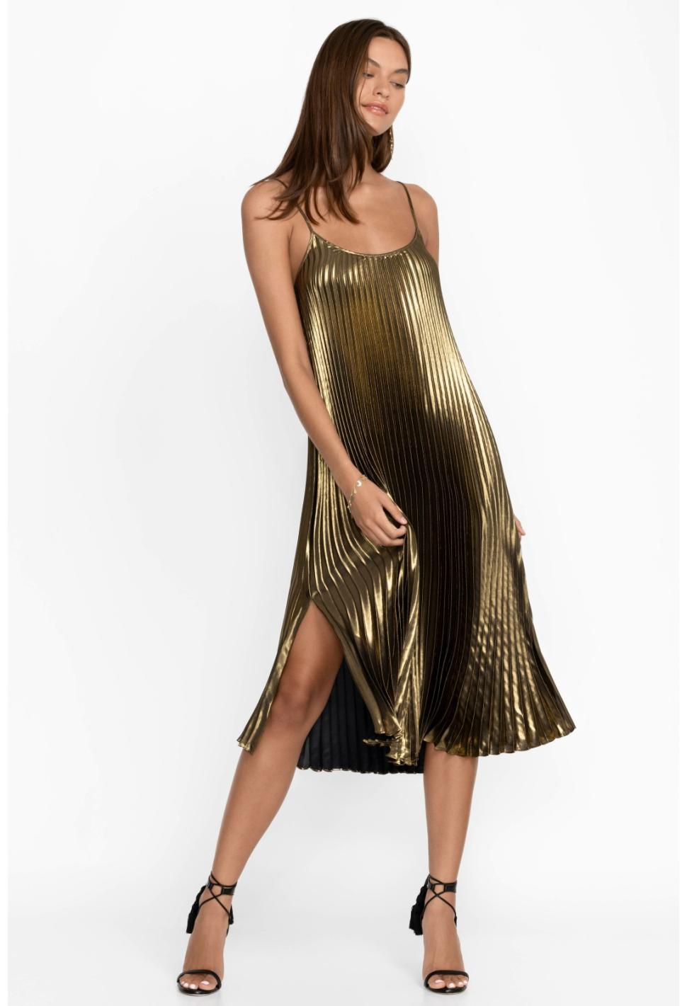 Women Dresses | Johnny Was Golden Gem Pleated Midi Dress Gold
