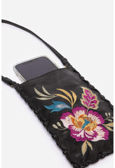 Women Handbags | Johnny Was Floreale Whipstitch Italian Leather Cell Phone Crossbody Black