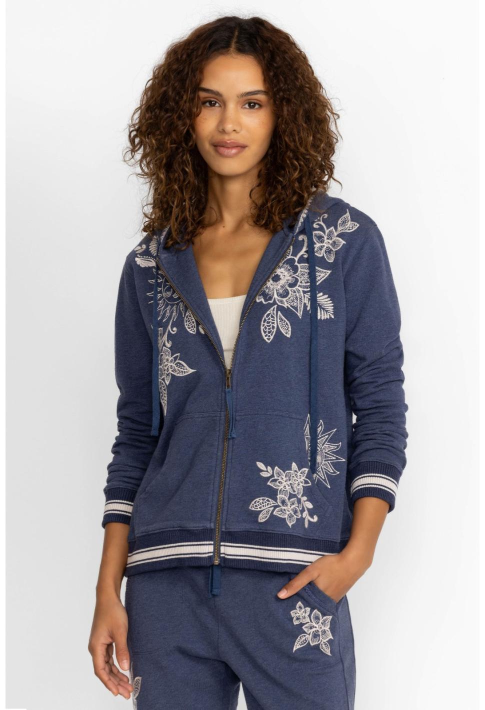 Women Outerwear | Johnny Was Addison Rib Detail Zipup Sweatshirt Heather Indigo