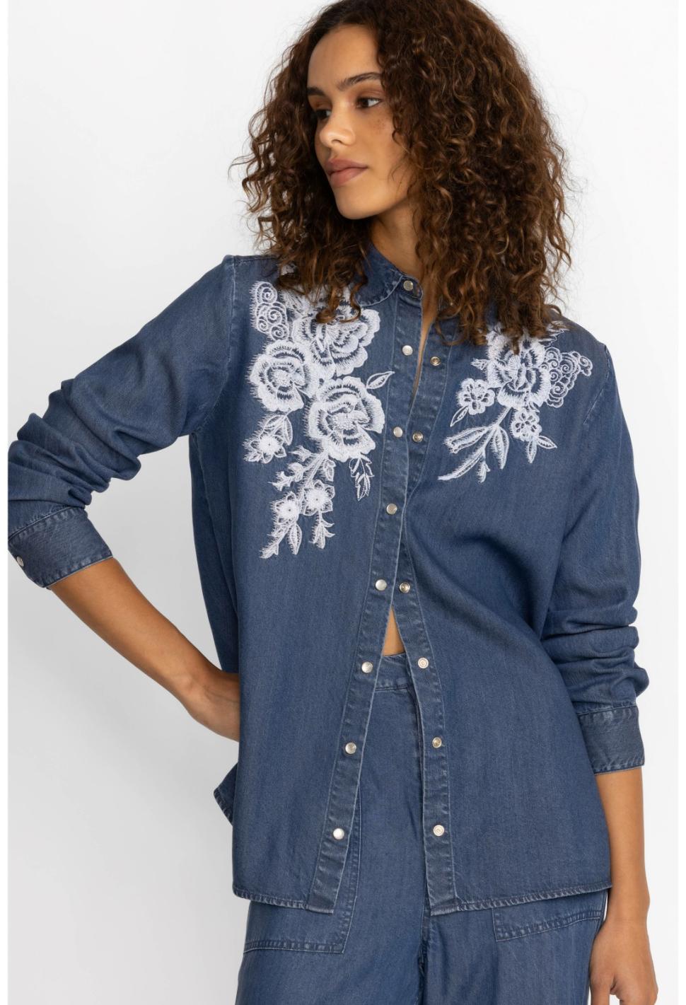 Women Tops | Johnny Was Alicent Denim Button Down Shirt Denim Blue