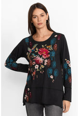 Women Tops | Johnny Was Ashira Raw Seam Long Sleeve Tee Black