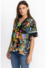 Women Tops | Johnny Was Black Dreamer Short Sleeve Notched Pullover Hoodie Dreamer Noir