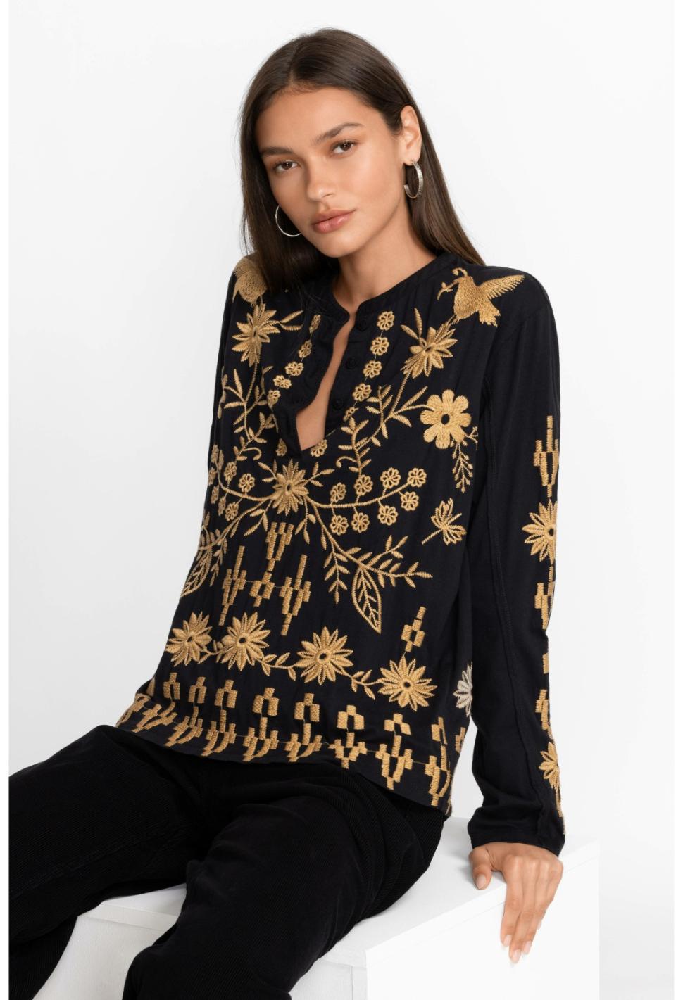 Women Tops | Johnny Was Georgina Raw Seam Henley Black