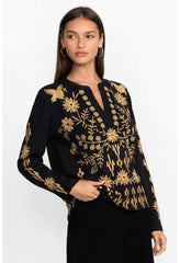 Women Tops | Johnny Was Georgina Raw Seam Henley Black