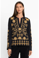 Women Tops | Johnny Was Georgina Raw Seam Henley Black