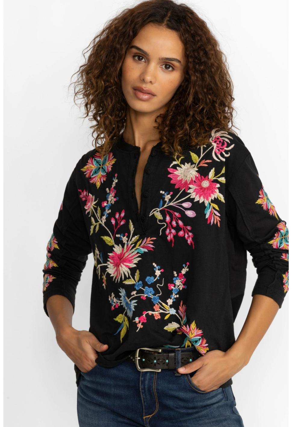 Women Tops | Johnny Was Julie Raw Seam Henley Black