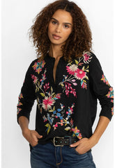 Women Tops | Johnny Was Julie Raw Seam Henley Black