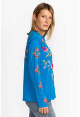 Women Tops | Johnny Was Julie Raw Seam Henley Glacier Blue