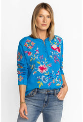 Women Tops | Johnny Was Julie Raw Seam Henley Glacier Blue