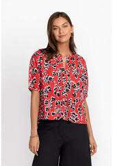 Women Tops | Johnny Was Shirred Neck Button Down Blouse Poppy Red Garden Vines