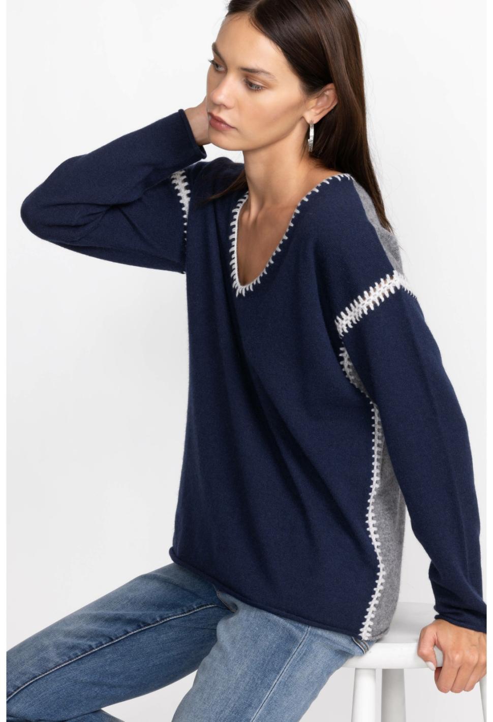 Women Tops | Johnny Was The Whipstitch V Neck Pullover - Color Block Navy