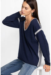 Women Tops | Johnny Was The Whipstitch V Neck Pullover - Color Block Navy