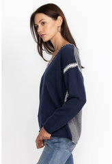 Women Tops | Johnny Was The Whipstitch V Neck Pullover - Color Block Navy