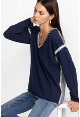 Women Tops | Johnny Was The Whipstitch V Neck Pullover - Color Block Navy