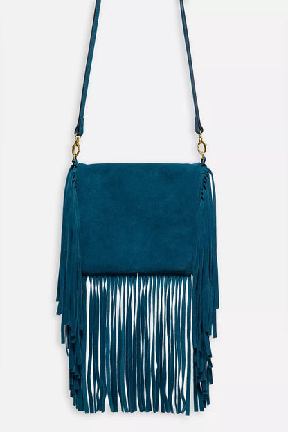 TEAL ITALIAN SUEDE FOLDOVER FRINGE CROSSBODY