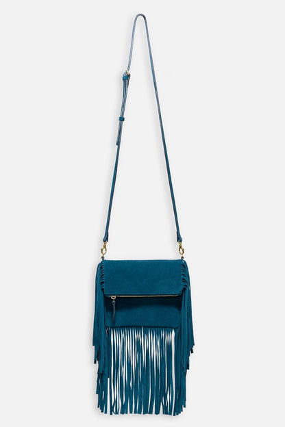 TEAL ITALIAN SUEDE FOLDOVER FRINGE CROSSBODY