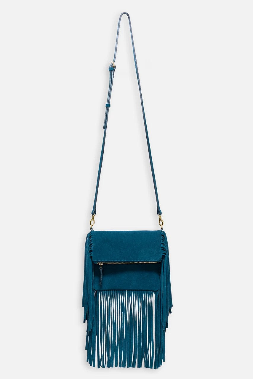 TEAL ITALIAN SUEDE FOLDOVER FRINGE CROSSBODY