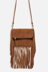 COGNAC ITALIAN SUEDE FOLDOVER FRINGE CROSSBODY