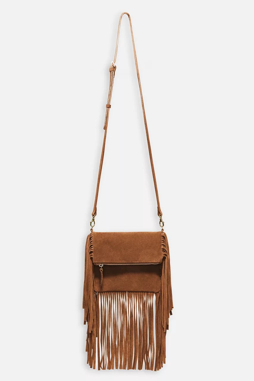 COGNAC ITALIAN SUEDE FOLDOVER FRINGE CROSSBODY