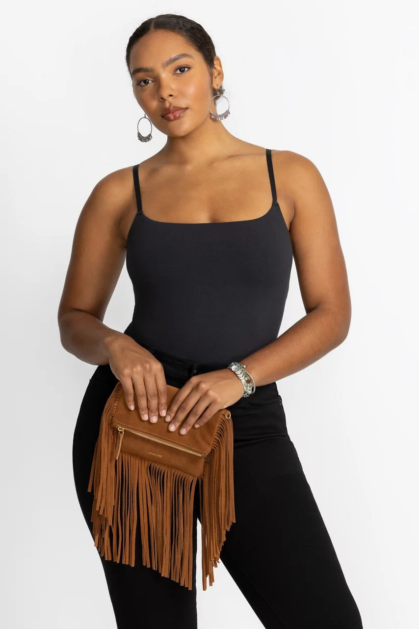 COGNAC ITALIAN SUEDE FOLDOVER FRINGE CROSSBODY
