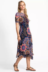 MESH ELBOW SLEEVE ASYMMETRIC HEM DRESS
