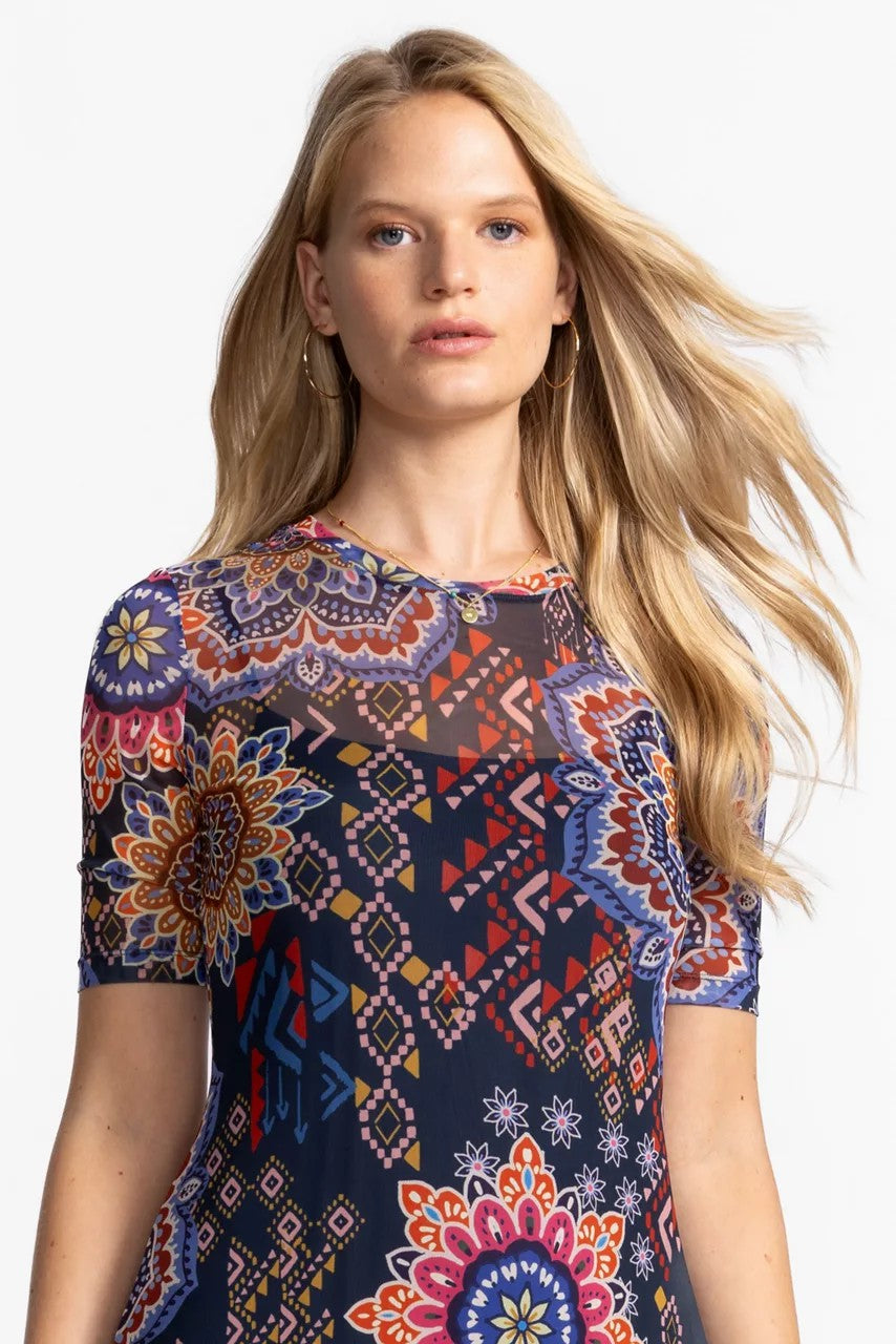 MESH ELBOW SLEEVE ASYMMETRIC HEM DRESS