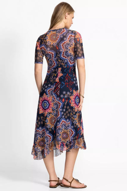 MESH ELBOW SLEEVE ASYMMETRIC HEM DRESS