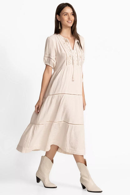 PUFF SLEEVE TIE NECK MIDI DRESS