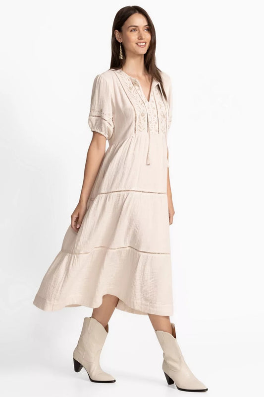 PUFF SLEEVE TIE NECK MIDI DRESS