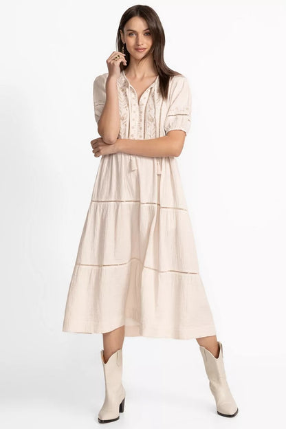 PUFF SLEEVE TIE NECK MIDI DRESS