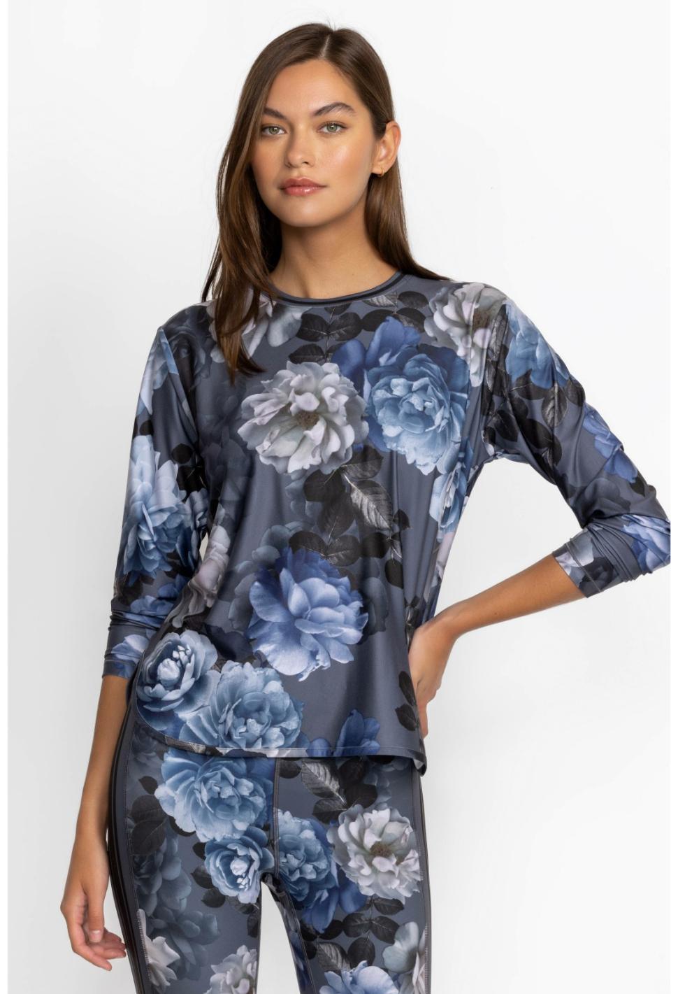 Women Active | Johnny Was Grey Peony Oversize Crop L/S Tee Grey Peony