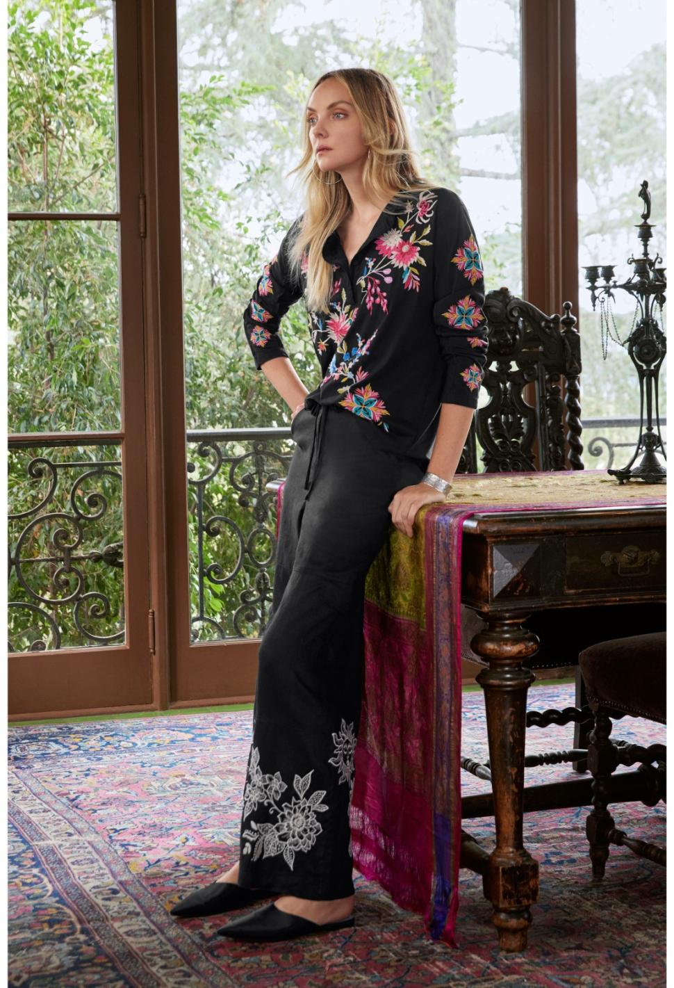 Women Bottoms | Johnny Was Addison Drawstring Wide Leg Pant Black