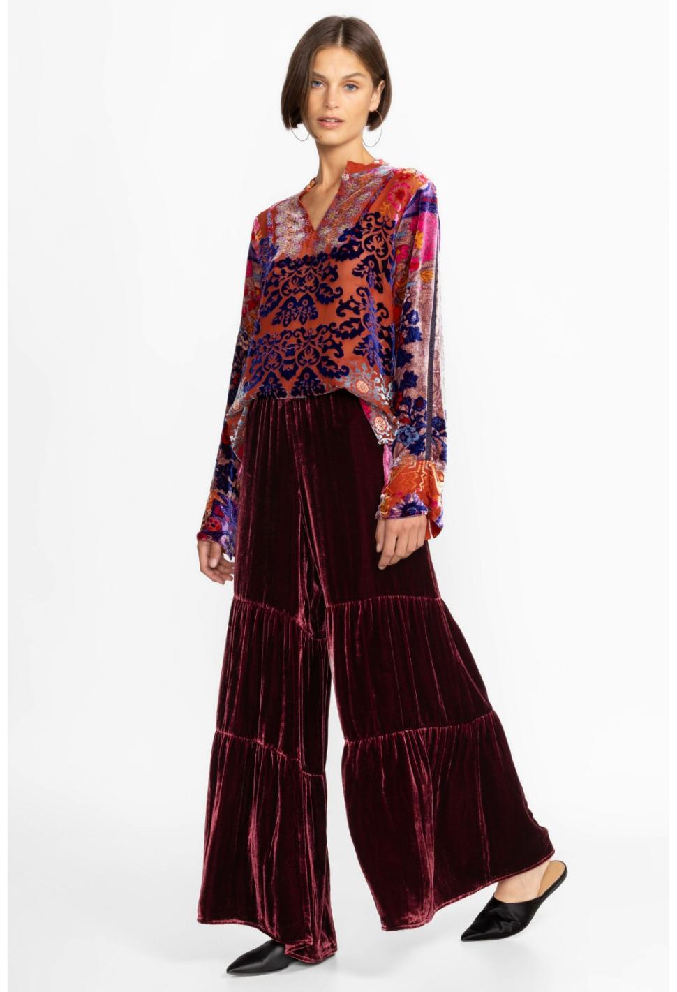 Women Bottoms | Johnny Was Black Velvet Tiered Wide Leg Pant Dark Spice