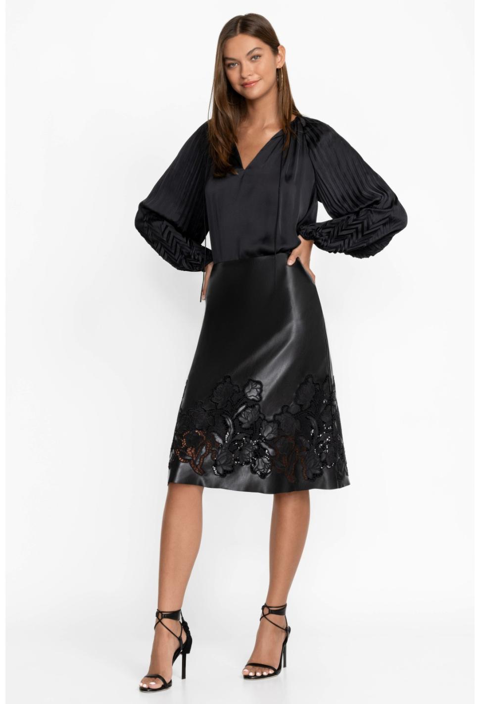 Women Bottoms | Johnny Was Enid Vegan Leather Midi Skirt Black