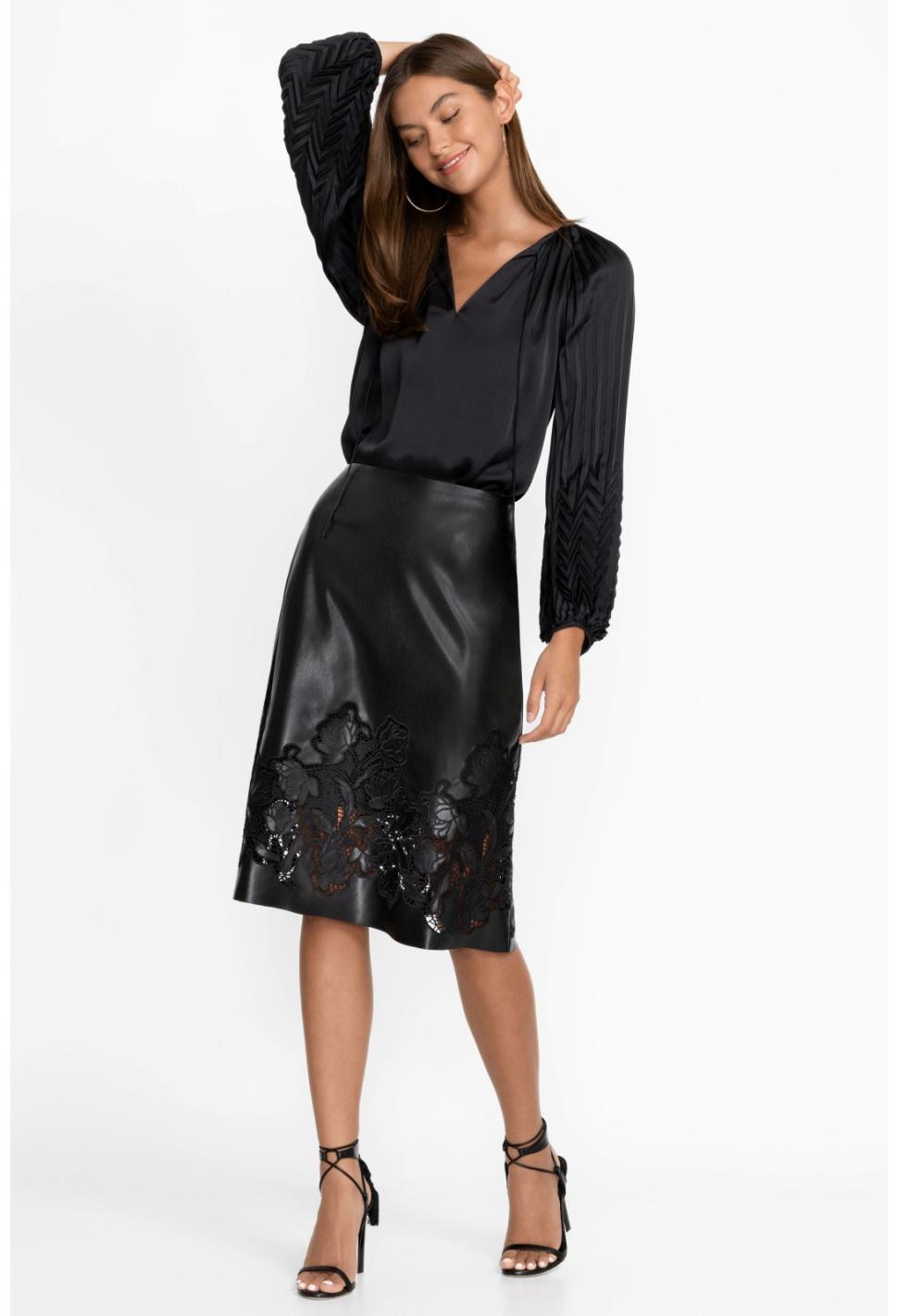 Women Bottoms | Johnny Was Enid Vegan Leather Midi Skirt Black