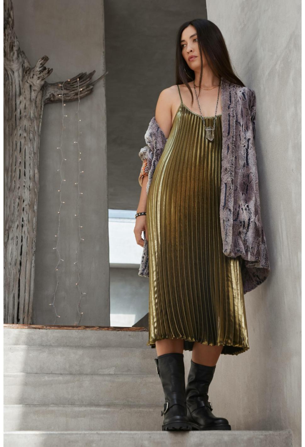 Women Dresses | Johnny Was Golden Gem Pleated Midi Dress Gold