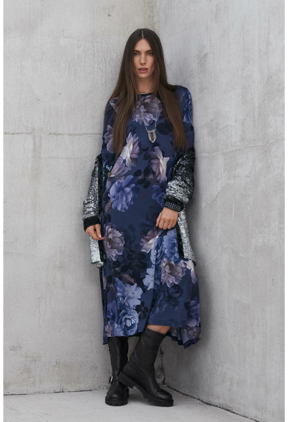 Women Dresses | Johnny Was Grey Peony Long Sleeve Tee Dress Grey Peony