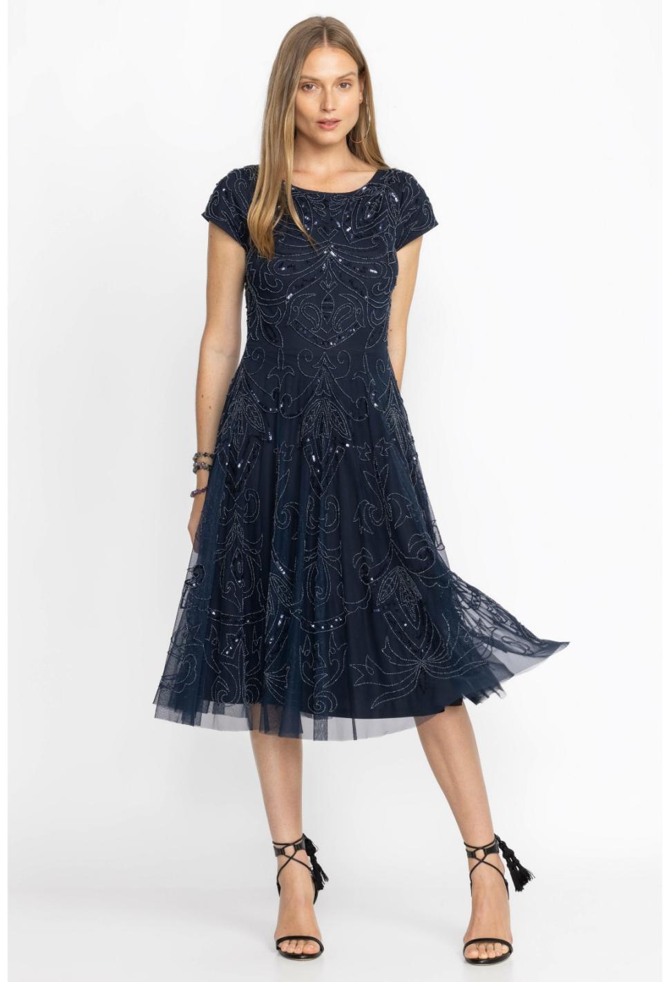 Women Dresses | Johnny Was Paisley Beaded Mesh Dress Navy