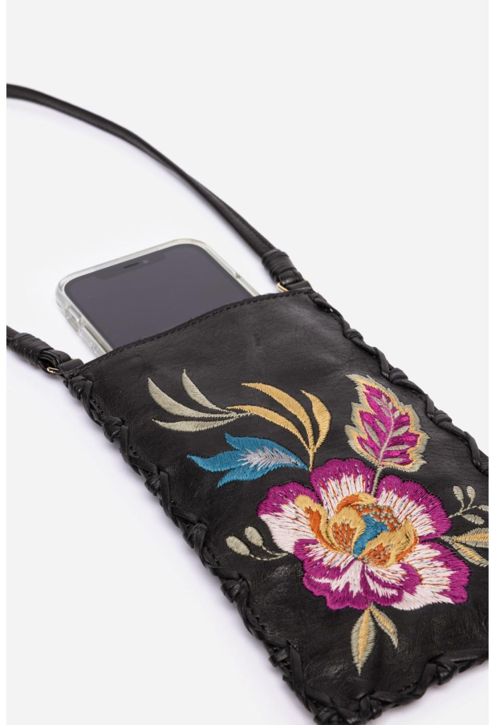 Women Handbags | Johnny Was Floreale Whipstitch Italian Leather Cell Phone Crossbody Black