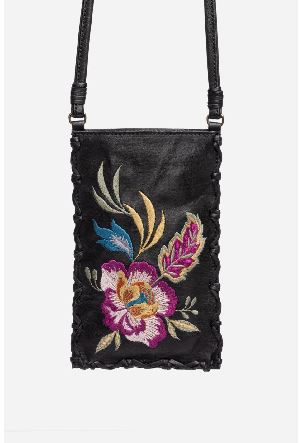 Women Handbags | Johnny Was Floreale Whipstitch Italian Leather Cell Phone Crossbody Black