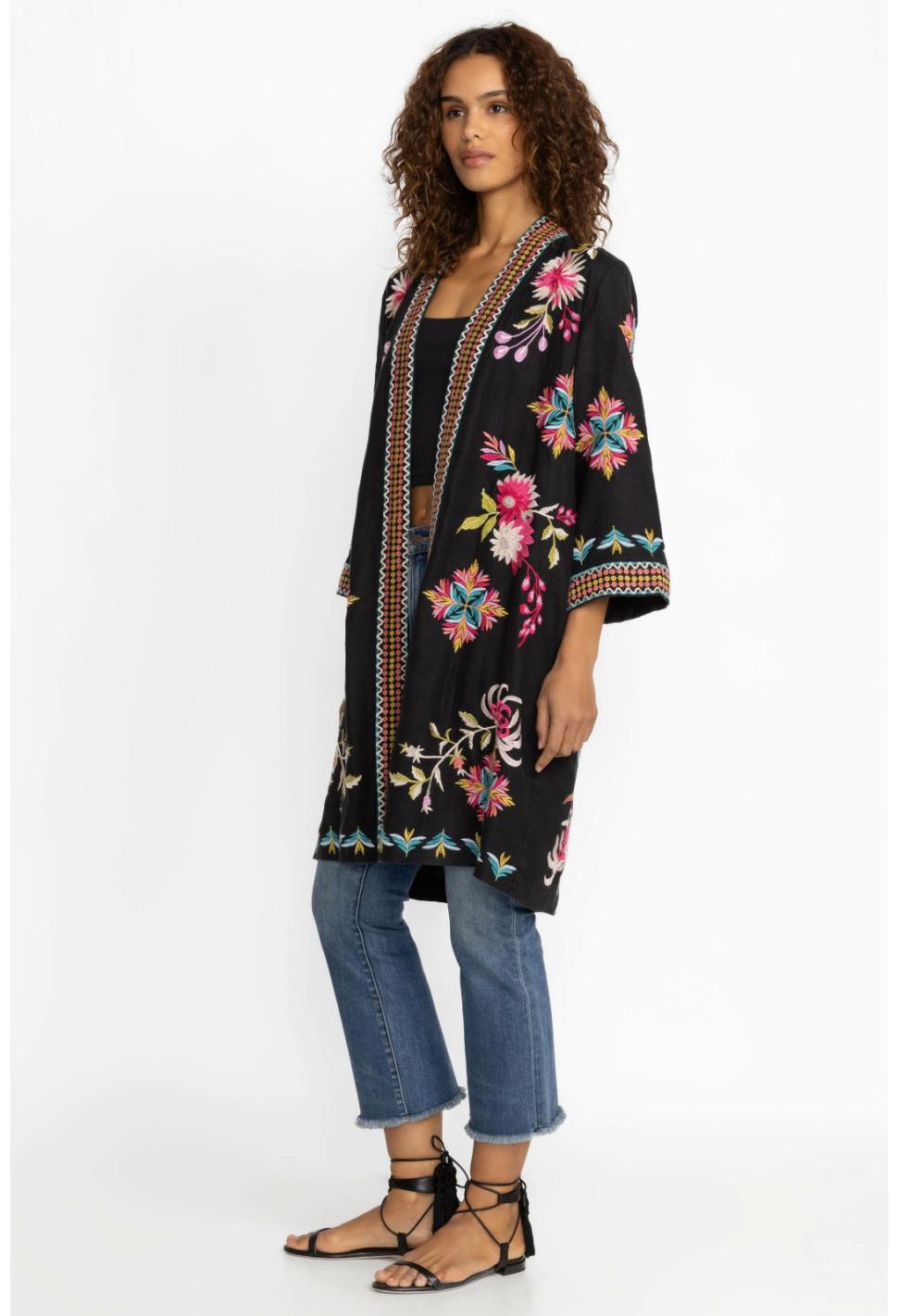 Women Kimonos | Johnny Was Julie Linen Kimono Coat Black