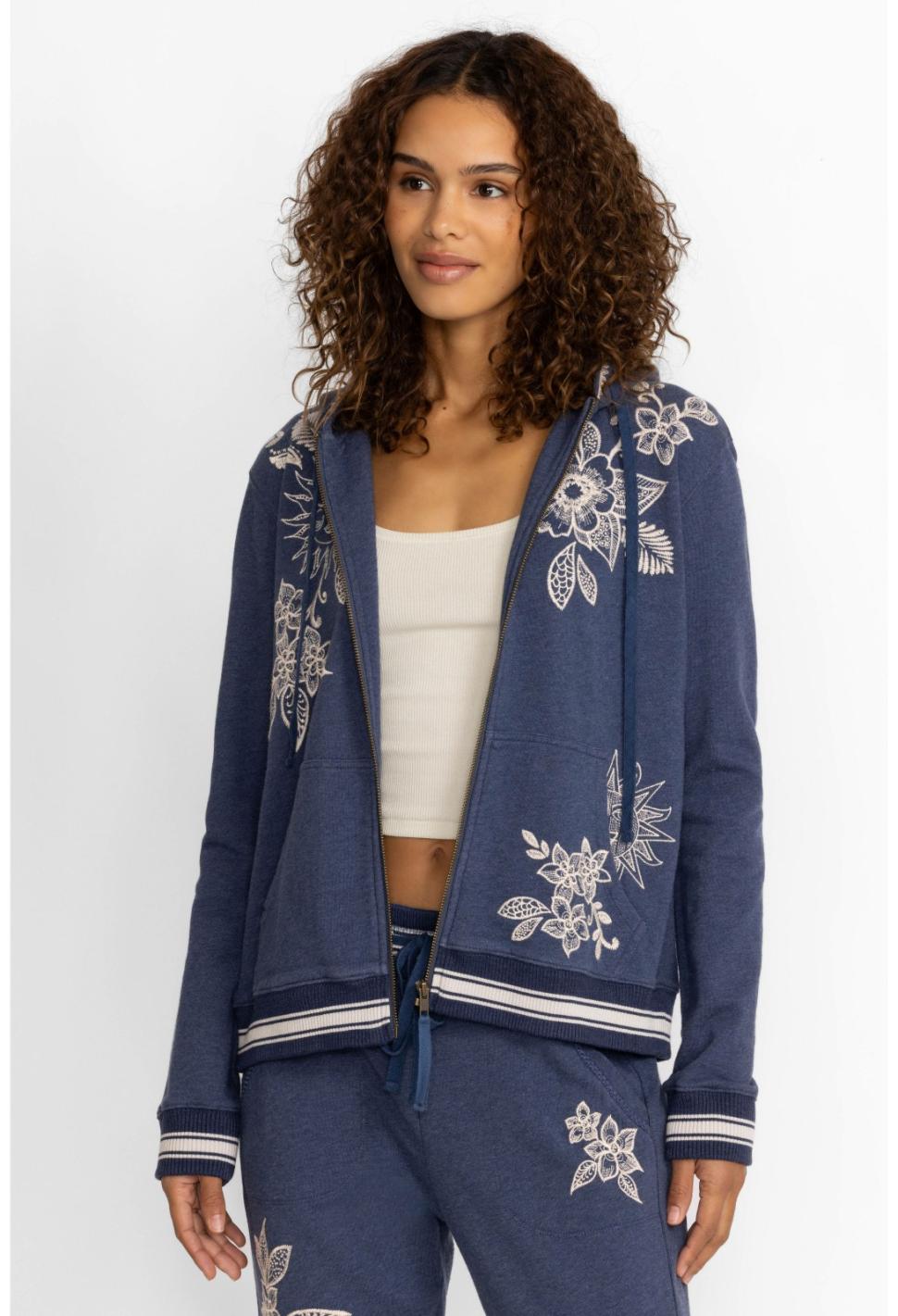 Women Outerwear | Johnny Was Addison Rib Detail Zipup Sweatshirt Heather Indigo