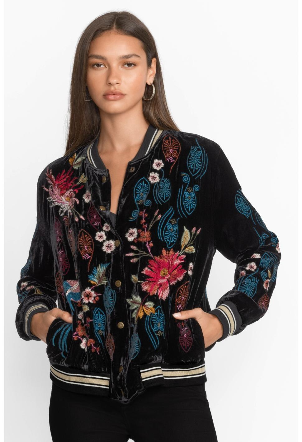 Women Outerwear | Johnny Was Ashira Velvet Snap Front Bomber Jacket Black